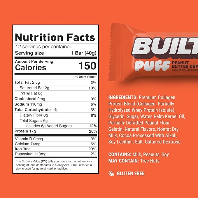 BUILT Bar Puff Protein Bars - Peanut Butter Cup - 17g Protein Snack Bars with Collagen - Calorie Conscious &amp Gluten Free - 12 Count