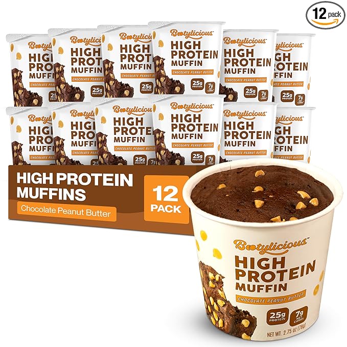 Bootylicious | High-Protein Muffin | 25g Protein 7g Net Carbs 2.32-2.75oz Cup 12-Pack (Chocolate Peanut Butter)