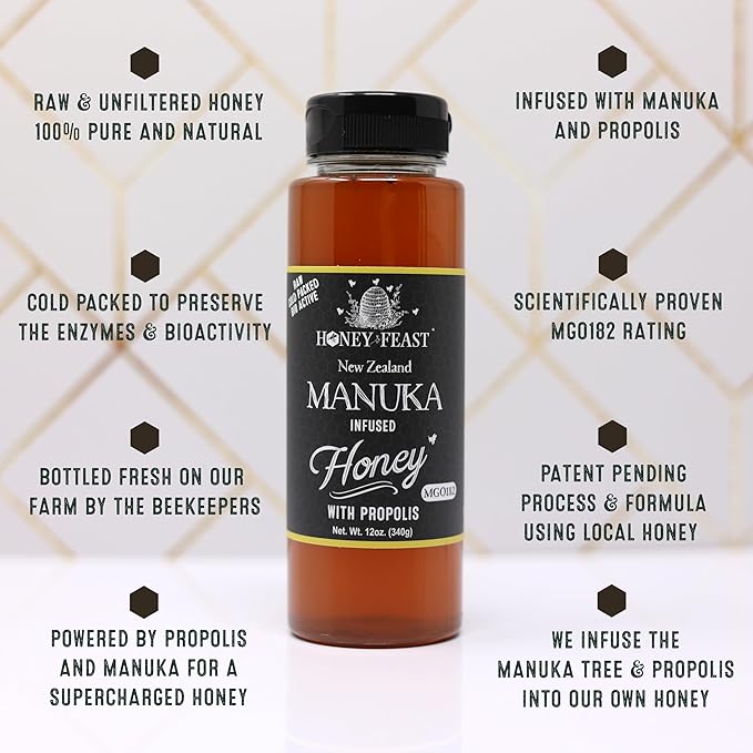 HONEY FEAST Raw Enthusiast Trio – Gift Set with 12oz Manuka Infused with Propolis Orange Blossom and Wildflower Honey – For Tea Cooking and Everyday Use