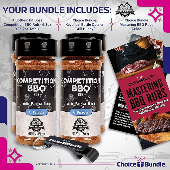 Pit Boss Competition BBQ All Purpose AP Premium Barbecue Mixed Seasoning Spice &amp Rub 4 pk Choice Bundle (25.2 oz) + Guide &amp Keychain Bottle Opener (6 Items)!