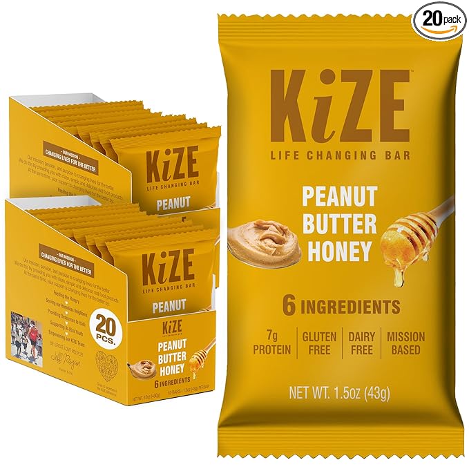KiZE Energy Bars - Peanut Butter Honey - 20-Count - Gluten Free Dairy Free Non-GMO and High Protein Meal Replacement Energy Bars Clean and Simple Food Ingredients - 7g High Protein Snacks (20 Coun