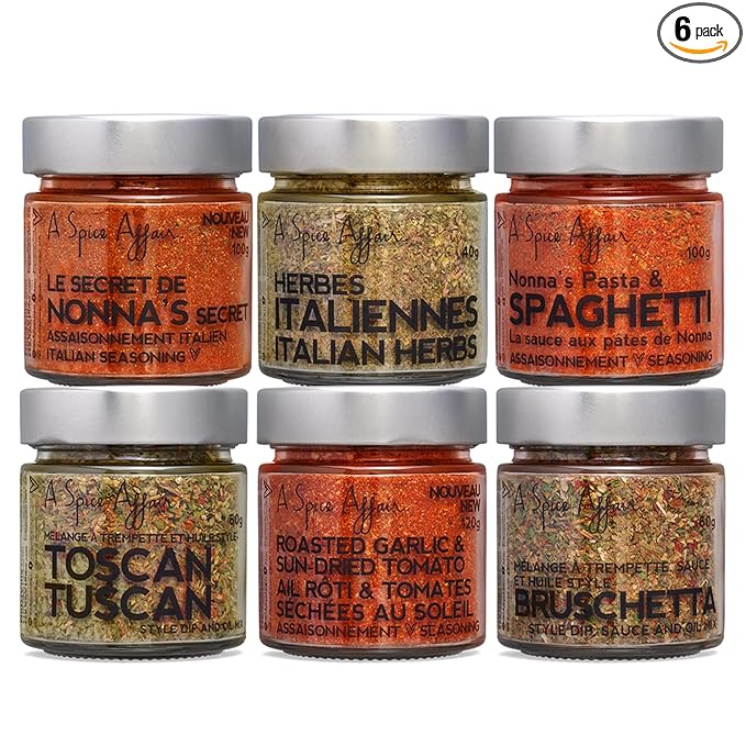 A Spice Affair's Nonna's Kitchen 6-Pack Spices Set - Italian Seasoning Spice Spaghetti Seasoning Mix Tuscan Spice Roasted Garlic &amp Sun-Dried Tomato Powder Bruschetta Seasoning Mix Grill Spice