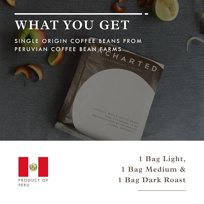 Single-Origin Organic Coffee Beans Gift Box Light Medium or Dark Roast Organic Whole Bean Coffee 3 Pack Explorer 9 oz each 1740 Peru by Uncharted Coffee