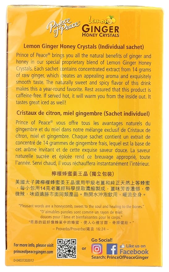 Prince Of Peace Lemon Ginger Honey Crystals Instant Tea Decaffeinated 10 Bags (Pack Of 6)