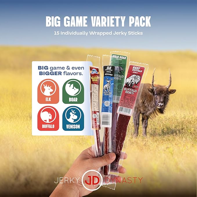 Jerky Dynasty Big Game 15-Piece Jerky Variety Pack - Assorted Meat Snack Box with Beef Jerky Buffalo Elk Wild Boar &amp More - Unique Present for Men or for Snack