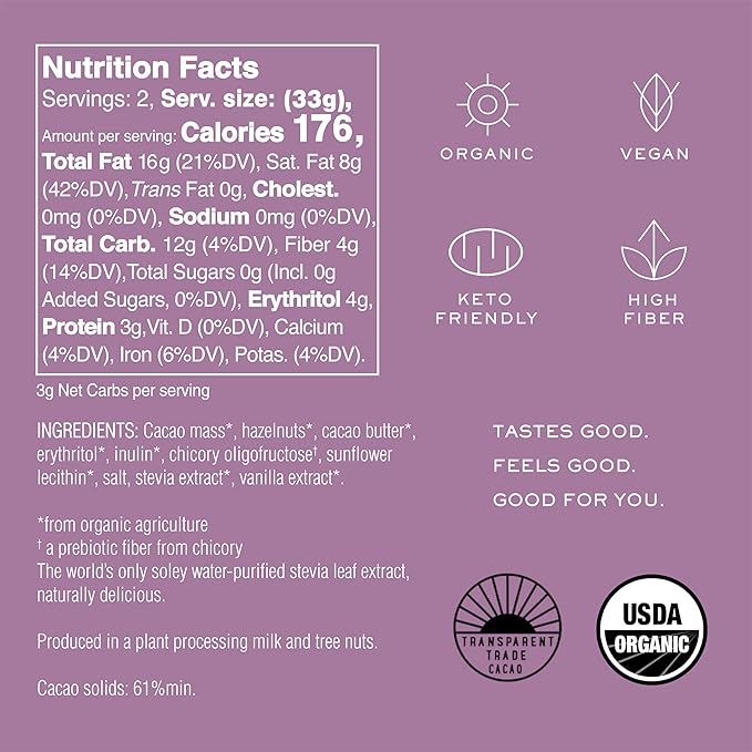 NOMOSU | Organic 72% Dark Chocolate with Hazelnut | 65g | 4 Pack | Sugar Free | USDA Organic | Vegan | Keto &amp Low Carb Friendly | Bold Cacao with Crunchy Hazelnuts | Guilt Free Chocolate