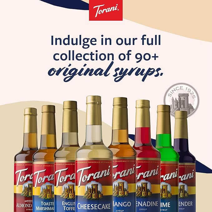 Torani Coffee Syrup Almond Orgeat Flavored Syrup for Drinks Glass Bottle 4-Pack Pumps Included 25.4 Oz Ea