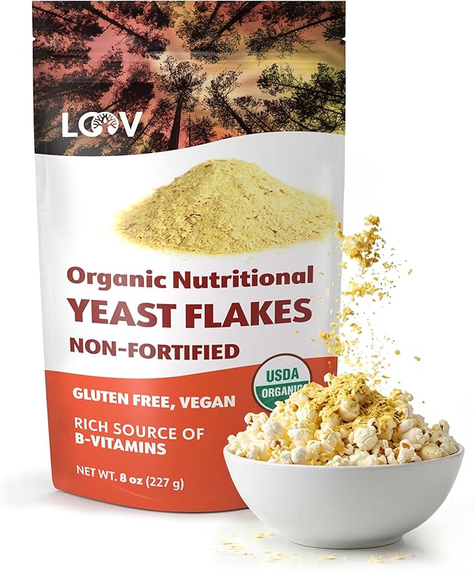 LOOV Organic Non-Fortified Nutritional Yeast Flakes - Vegan Gluten Free Non-GMO Unfortified Nooch - Good Source of Natural B-Vitamins - No Added Salt or Sugar - Resealable Bag 8 Ounces (227 Grams)