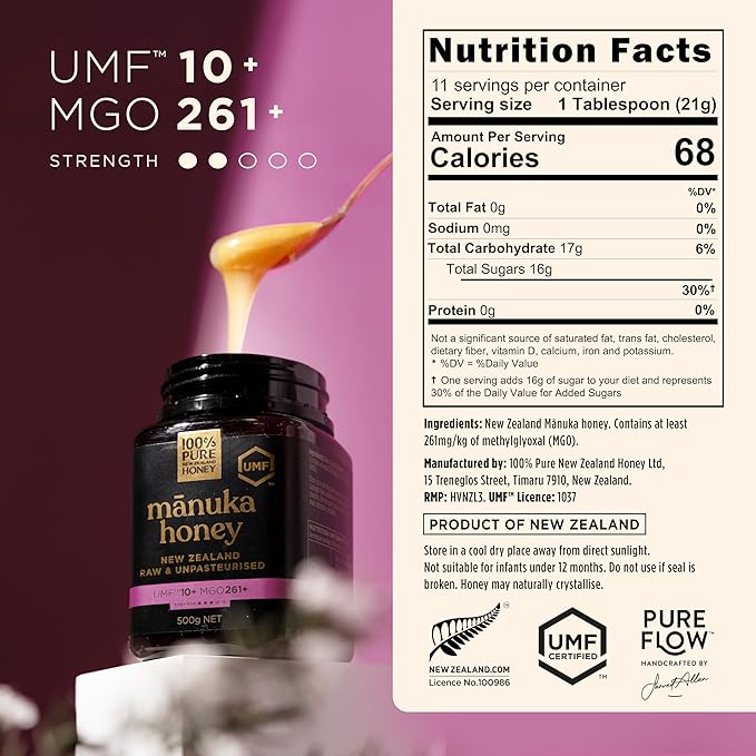 Manuka Honey UMF 10+ (MGO 261+) 100% Pure New Zealand Honey - Certified. Raw 8.8 Oz (250g)