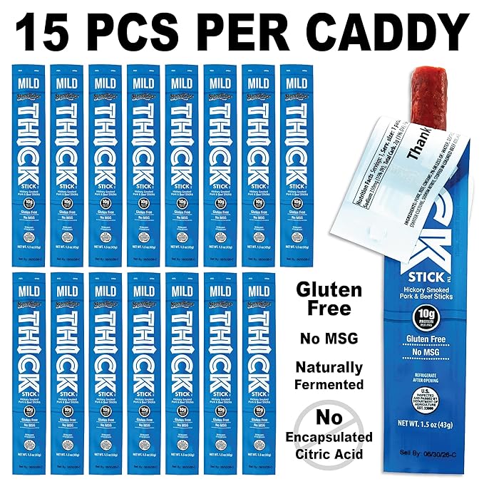 THICK STICK - STONERIDGE OLD-FASHIONED QUALITY MILD - Hickory Smoked Pork and Beef Snack Sticks Gluten Free No MSG 15 Count THICK 1.5 oz Sticks High Protein Soy Free 15 Count