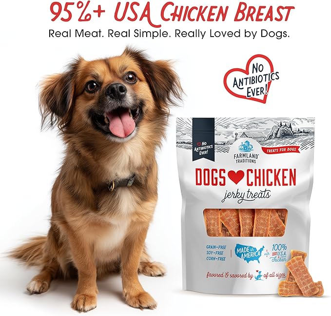 Farmland Traditions Dogs Love Chicken Jerky Dog Treats Premium Two-Ingredient Dog Jerky with USA-Raised Chicken &amp No Antibiotics Ever 3 Pound (Pack of 1) Bag.