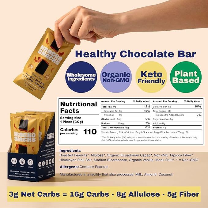 Krack’d Snacks Keto Chocolate Snack Bars 5 Pk | Handmade Low Carb Sugar Free Dark Chocolates with Peanut Butter Caramel Crunch Allulose | Vegan Non-GMO Gluten Free Chocolate Candy Bar