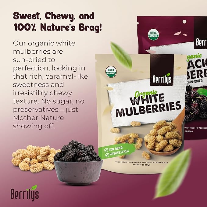 Berrilys Organic Dried White &amp Black Mulberries - Sun-Dried - Homemade Recipes - Chewy Fruit - Ideal for Snacks Baking &amp Smoothies - Non-GMO Raw Vegan - Breakfast Bowls Yogurt Trail Mix -