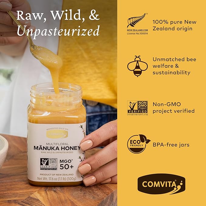 Comvita Manuka Honey MGO 50+ Multifloral - Raw Manuka Honey New Zealand Pure &amp Unpasteurized for Tea &amp Wellness Superfood Sugar Alternative Wild Non-GMO - 500g (17.6 oz)