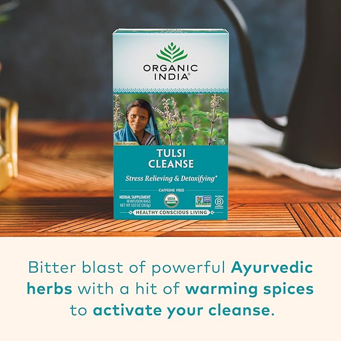 ORGANIC INDIA Tulsi Cleanse Tea - Holy Basil Ginger Turmeric Herbal Tea Stress Relieving &amp Cleansing Immune Support Adaptogen Organic Non-GMO Caffeine-Free - 18 Infusion Bags 3 Pack