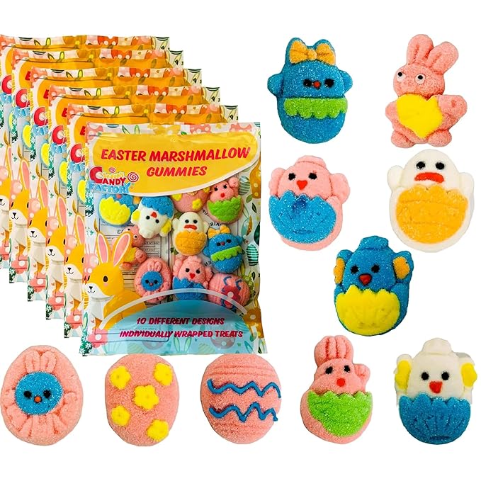 Easter Marshmallow Gummies - 10 Fun Designs 6-Pack Total 60 Individually Wrapped Gummies - Gluten-Free &amp Dairy-Free Perfect for Egg Hunts