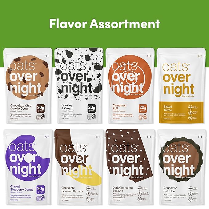 Oats Overnight Dessert Variety Pack - High Protein High Fiber Breakfast Protein Shake - Gluten Free Non GMO Protein Oatmeal - Salted Toffee Chocolate Satin Pie &amp More (8 Pack + Shaker Bottle)