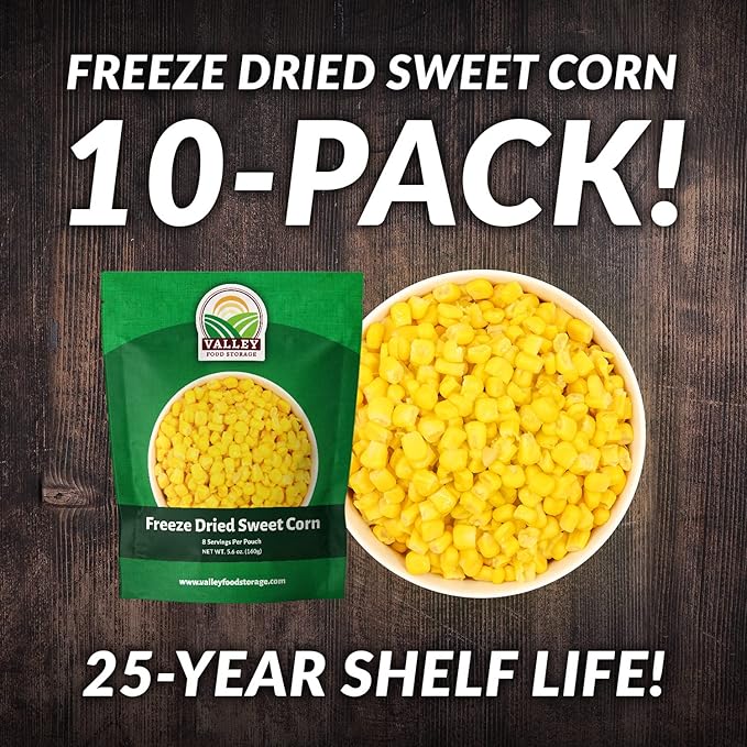 Valley Food Storage Freeze Dried Sweet Corn | 10-Bag Bucket 56 oz | Premium Emergency Food Supply 25 Year Shelf Life | Long Term Food Storage Camping Meals &amp Prepper Supplies | Packaged in USA