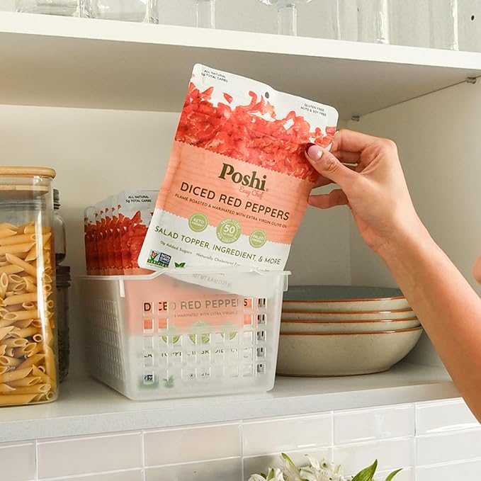 POSHI Diced Red Peppers - Flame-Roasted and Marinated with Extra Virgin Olive Oil - Liquid-Free Ready-to-Use Ingredient No Artificial Preservatives - Gluten-Free Keto Vegan Non-GMO 6 pack 4.4oz