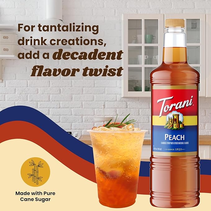 Torani Peach Syrup 1 Liter Bottle with Pump – Premium Drink Flavoring Made with Pure Cane Sugar &amp Natural Flavors for Lemonades Teas Cocktails Mocktails &amp Desserts – Sweet Juicy Peach Sweet