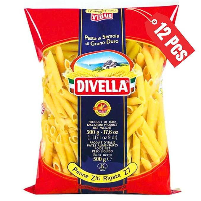 DIVELLA Penne Rigate #27 16 Oz. (Pack of 12) - Authentic Italian Pasta Made with Durum Wheat Semolina Perfect 'Al Dente' Texture for Every Dish