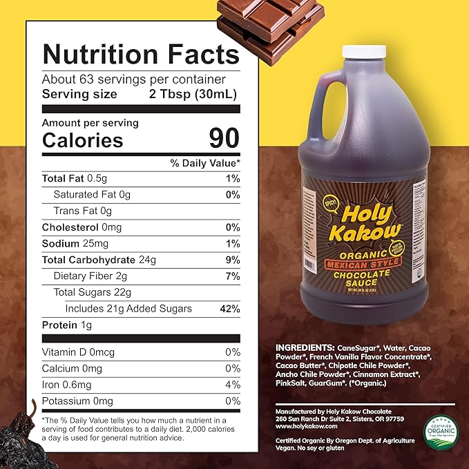 Holy Kakow Organic Chocolate Syrup - Mexican Style Chocolate Syrup Chocolate Sauce Organic Chocolate Sauce Add to Mochas Waffles &amp Ice Cream Real Food Ingredients Specific Flavor - 64oz