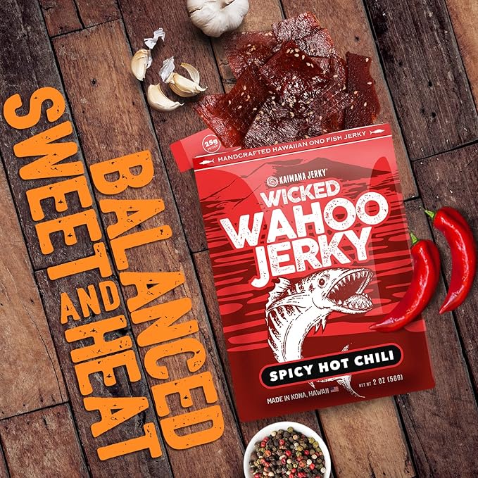 Spicy Chili Wahoo Ono Fish Jerky - Sweet &amp Hot Umami Flavor - Artisan Crafted Organic Omega-3 Rich Low-Calorie Low-Sodium &amp Low-Sugar Seafood Snack 2oz (Pack of 3)