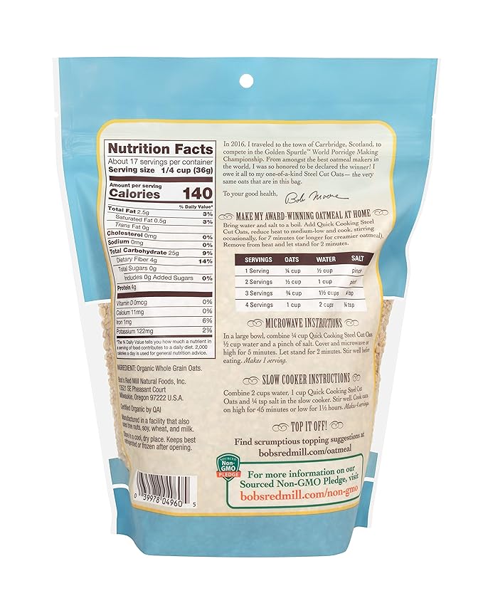 Bob's Red Mill Organic Quick Cooking Steel Cut Oats 22oz (Pack of 4) - Non GMO Whole Grain Vegan Kosher