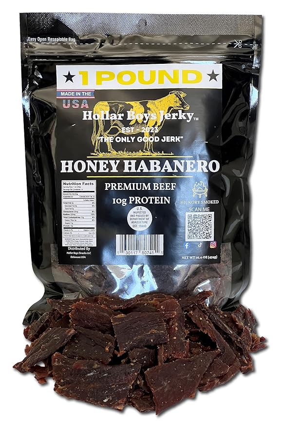 Hollar Boys Snacks Honey Habanero Beef Jerky One Pound Resealable Bag Low Carb USA Made