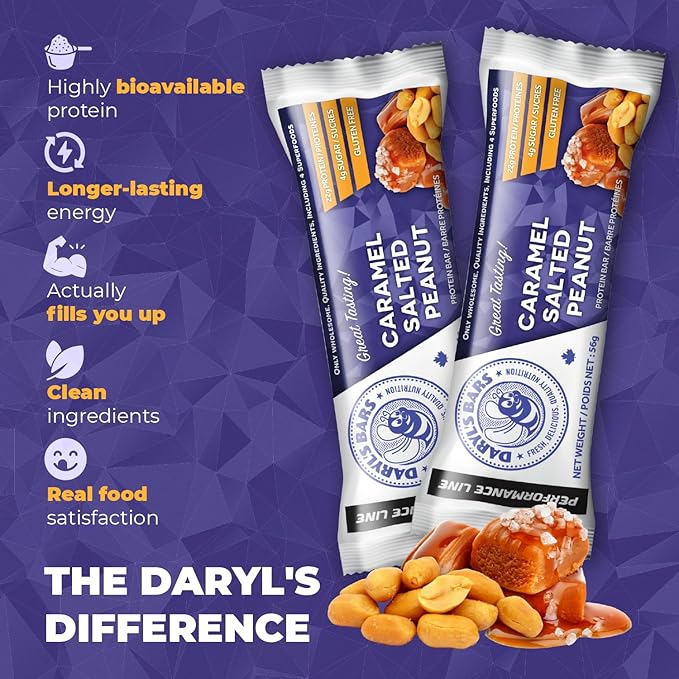Daryl's Bars Caramel Salted Peanut On the Go Whey Protein Bars Gluten Free 22gr of Protein Snack Meal Replacement Pack of 1
