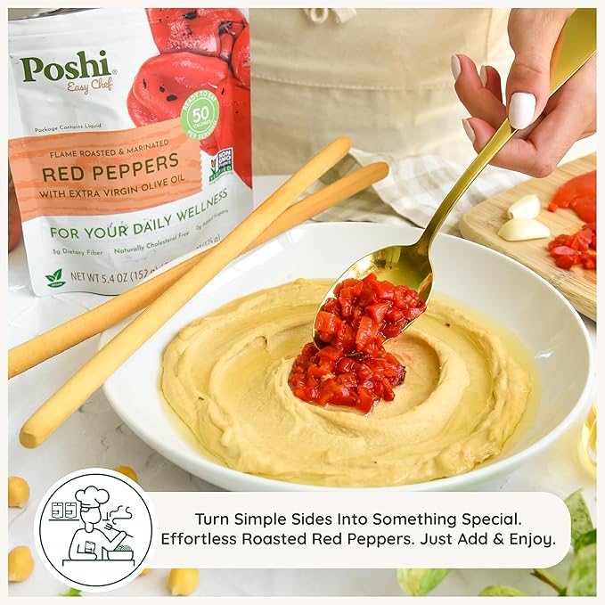 POSHI Flame Roasted Red Peppers in Extra Virgin Olive Oil Natural Keto Vegan Non GMO Low Carb + Calorie Gluten Free Ready to Eat Fully Cooked Vegetables Pentry Food Gourmet 6 Pack 5.4 oz
