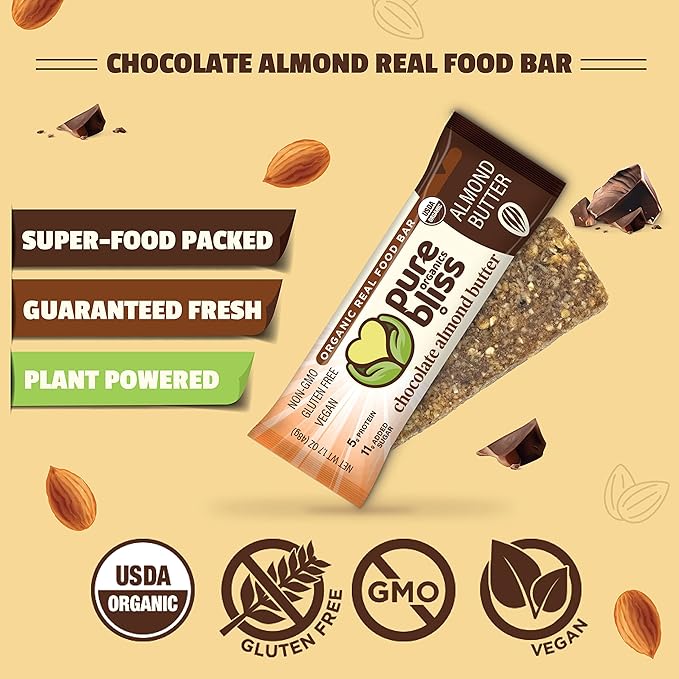 Organic Real Food Bar (Chocolate Almond Butter) Non-GMO Gluten Free Vegan Nutrition Bars Energy Bars Super Food Simple Ingredients Best Tasting Healthy Snack Breakfast Bars Dairy Free Soy Fr
