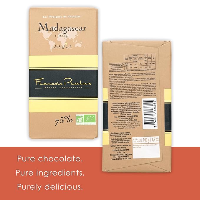 François Pralus Madagascar 75% Dark Chocolate 3 Pack - French Chocolate - Bean-to-Bar Direct Trade - Vegan Gluten-Free Soy-Free Organic - Bundle
