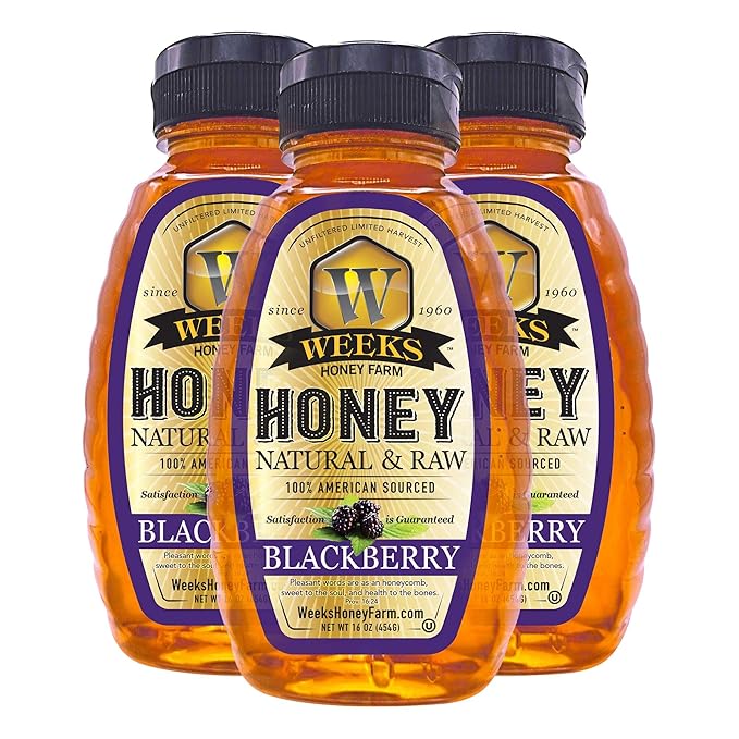 Group WHF Blackberry Honey - Weeks pure raw &amp unfiltered American blackberry honey is kosher certified and gluten-free - since 1960 (16 oz 3 Pack)