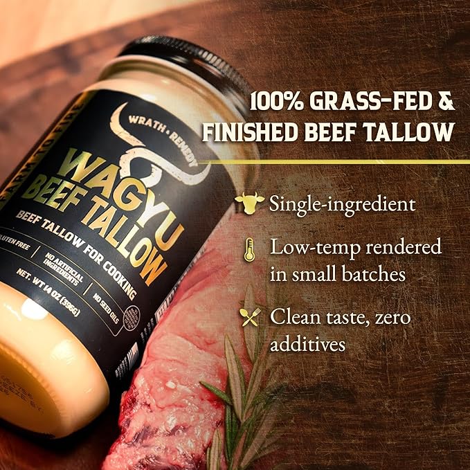 Wagyu Beef Tallow for Cooking (14 oz) — US-Made 100% Pure Wagyu Tallow Rich Umami Flavor — Premium Beef Tallow for Frying Searing Baking(S.P ~400°F) — Keto Paleo Carnivore Friendly– No Additives