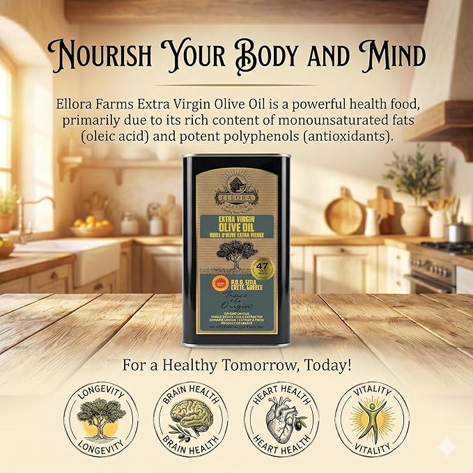 Ellora Farms Greek Extra Virgin Olive Oil Certified PDO SITIA Single Estate Crete High in Phenols Cold Press &amp Traceable EVOO Greece Kosher 1 Lt Tin (33.8 oz.) X 2 Pack
