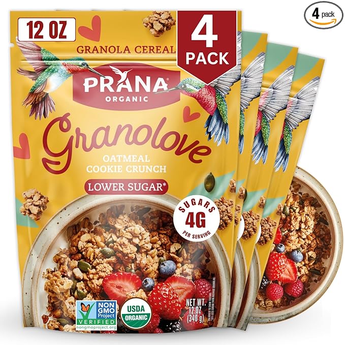 Prana Granolove - Oatmeal Cookie Crunch Organic Granola Cereal | Rich in Fiber &amp Protein Vegan Non-GMO Kosher and Low-Sugar - 12 oz Bags - 4 Pack