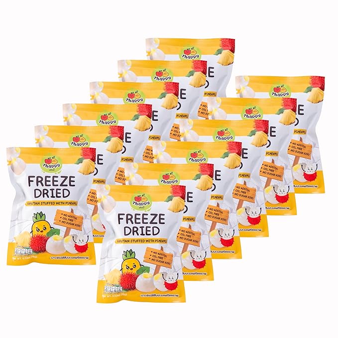 Thappy Fruit Freeze Dried Rambutan Stuffed with Pineapple Delight – No Additives Oil-Free Sugar-Free Tropical Snack 0.53oz (Pack of 12)