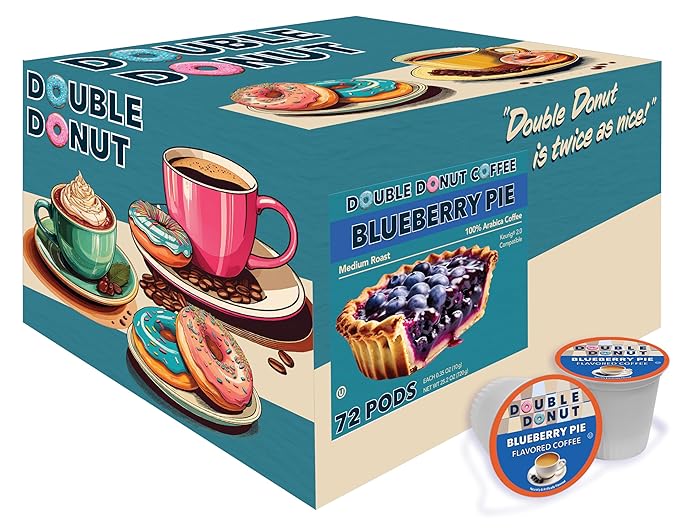 Double Donut Coffee Blueberry Flavored Coffee Pods Medium Roast CoffeeCompatible with Keurig K Cups Brewers 72 Cups
