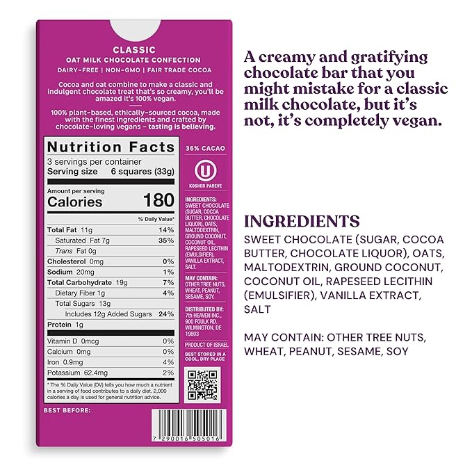 7th Heaven Vegan Oat Milk Chocolate Bars (3.5oz Full Size Candy Bars - 4 Packs) - Non GMO Kosher Parve Cruelty Free Fair Trade Cocoa 100% Dairy Free Chocolate Bars Perfect for Holiday Stocking S