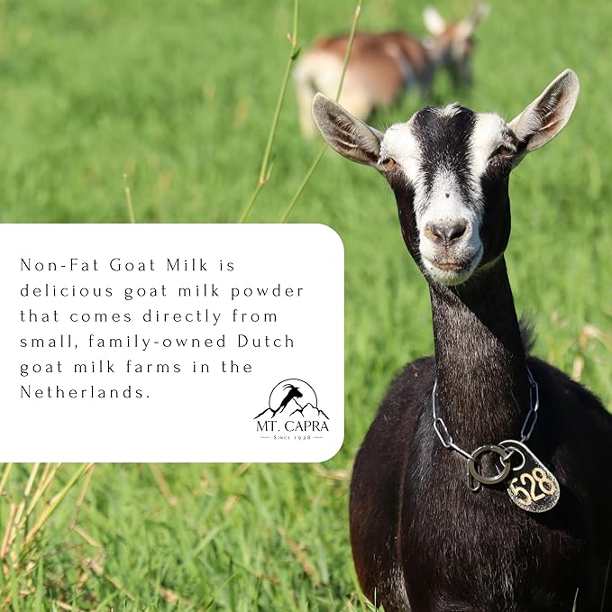 Mt. Capra Non-Fat Goat Milk | Powder from Non-GMO Grass-Fed Goats Creamy Great Tasting Easy to Digest A2 Milk | 16 Servings - 1 Pound