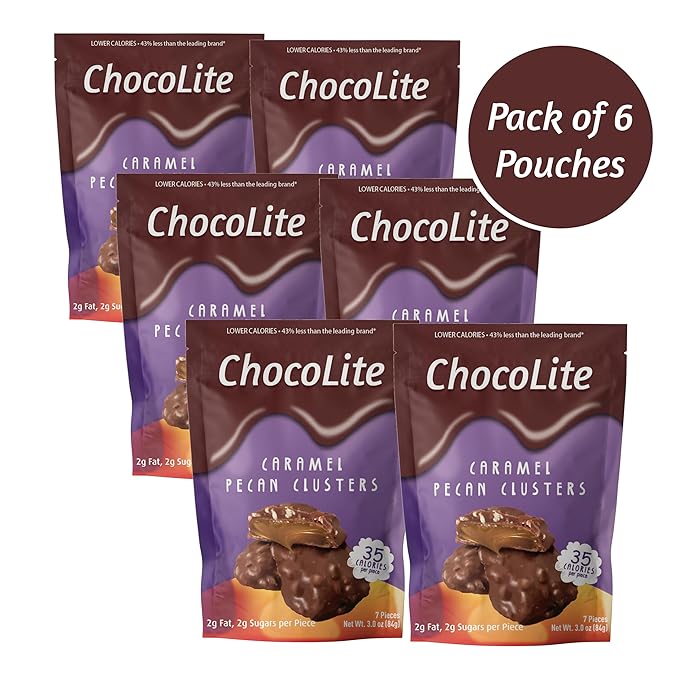 ChocoLite Caramel Pecan Clusters | 35 Calories per Piece | Pack of 6 Pouches