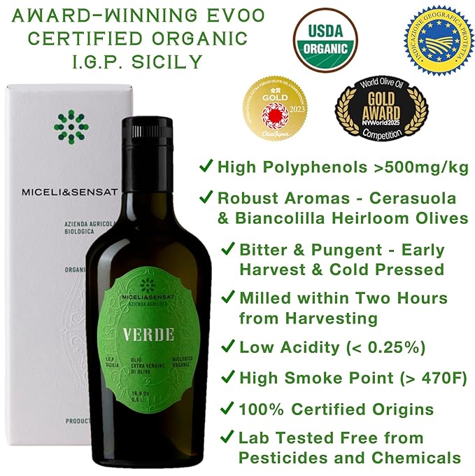 Green Robust Organic 500+ mg/kg Polyphenols Rich Italian Extra Virgin Olive Oil from Italy 2025 Gold Award High Antioxidants Peppery Finish Sicily Certified Origins Cold Pressed - 16.9 fl oz