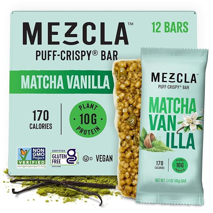 Mezcla Puff-Crispy Plant Based Protein Bars - Matcha Vanilla - Healthy Snacks for Adults &amp Matcha Latte Fans - Best School Travel Office Snacks - Gluten Free Vegan Non GMO 10g Protein - 12 Co