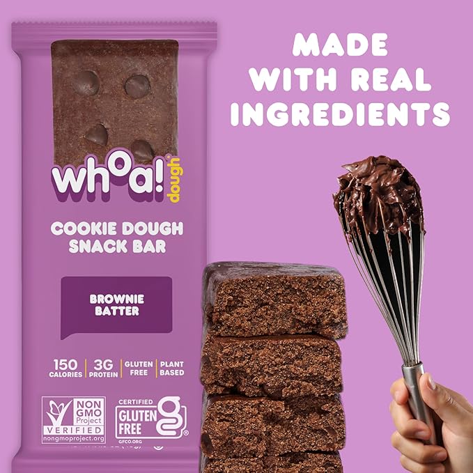 Whoa Dough Edible Cookie Dough Bars- Certified Non-GMO Kosher and Gluten Free Bars - Healthy Snack Foods - Plant Based Snacks Made With Real Ingredients - Brownie Batter Cookie Dough - 4 Pack
