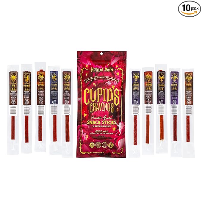 Mythical Meats Cupid's Cravings Random Flavor Sampler Pack – 10 Random Exotic Game and Beef Snack Sticks – Dried &amp Dehydrated Meats Seasoned to Perfection – High Protein Keto Friendly Snacks