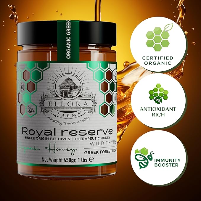 Ellora Farms Organic Raw Greek Honey Bundle – Wild Thyme &amp Pine-Thyme Award-Winning Pure Unfiltered Cold-Pressed Additive-Free Gift Pack with Wooden Dipper – 2 x 450g