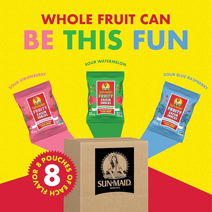 Sun-Maid Fruity Raisin Snack Variety Pack - Sour Strawberry Watermelon &amp Blue Raspberry - (24 Pack) 1.33 oz Pouches