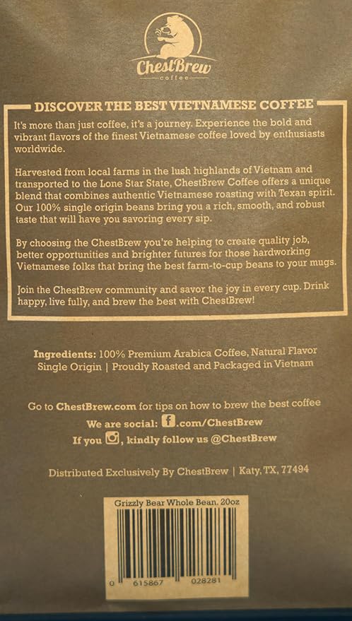 ChestBrew Grizzly Bear – Chocolate Dusted Vietnamese Whole Bean Coffee 20 oz