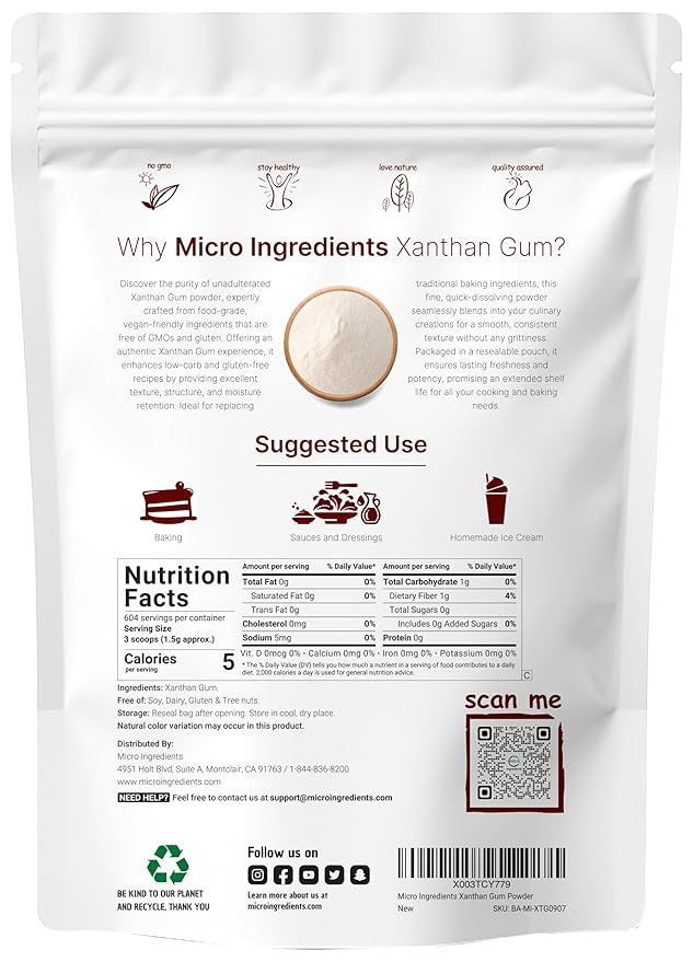 Micro Ingredients Xanthan Gum Powder 2lb (32oz) Premium Quality for Keto &amp Gluten-Free Baking Unflavored Thickening Agent for Cooking Non-GMO Vegan Friendly